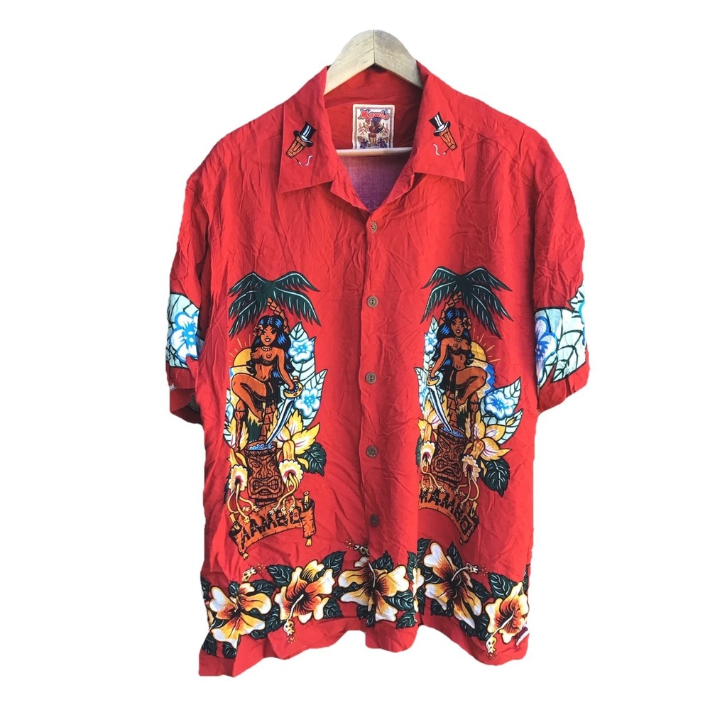 Mambo Loud Shirts Hawaiian Aloha Tiki Topless Pinup Skull Rayon Shirt XL Red